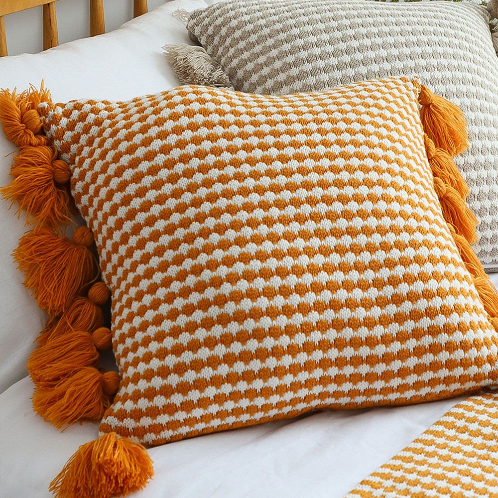 SOGA 2X 45cm Orange Houndstooth Pillow Cover With Tassels 4