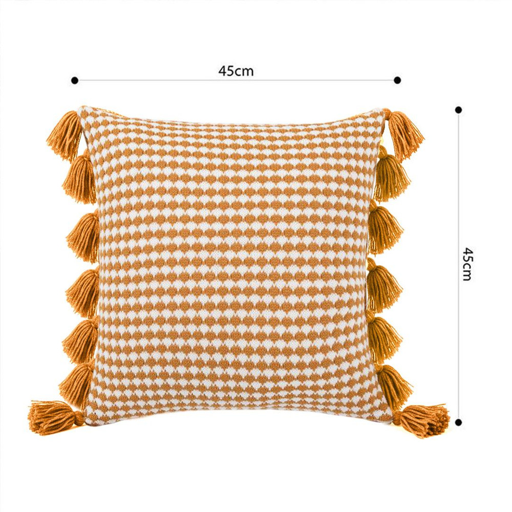 SOGA 2X 45cm Orange Houndstooth Pillow Cover With Tassels 2