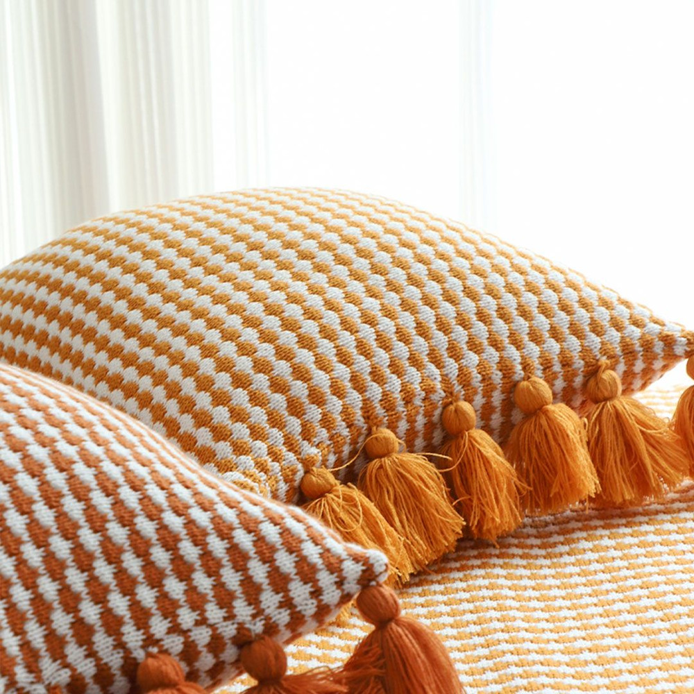 SOGA 2X 45cm Orange Houndstooth Pillow Cover With Tassels 5