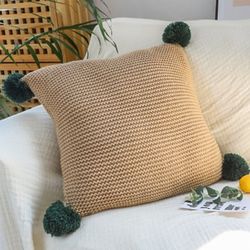 soga 2x 45cm ribbed knit pillowcase with pom-poms (warm beige)