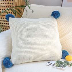 soga 2x 45cm ribbed knit pillowcase with pom-poms (cream white)