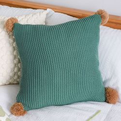 soga 2x 45cm ribbed knit pillowcase with pom-poms (sage green)