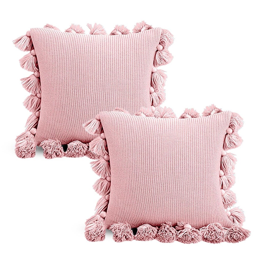 SOGA 2X 45cm Textured Pillowcase With PomPom Trim Soft Pink 1