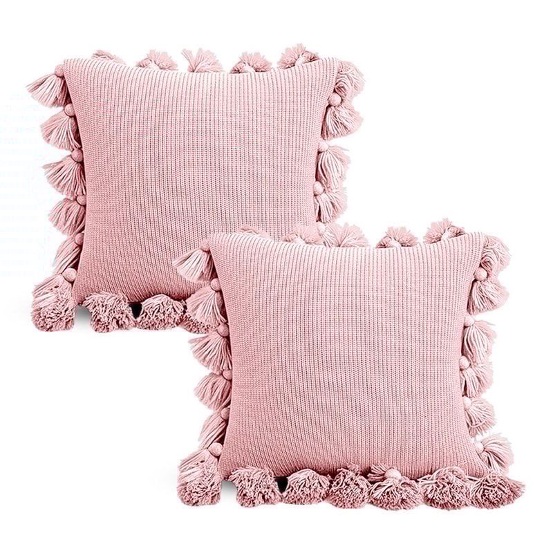 SOGA 2X 45cm Textured Pillowcase With PomPom Trim Soft Pink 1