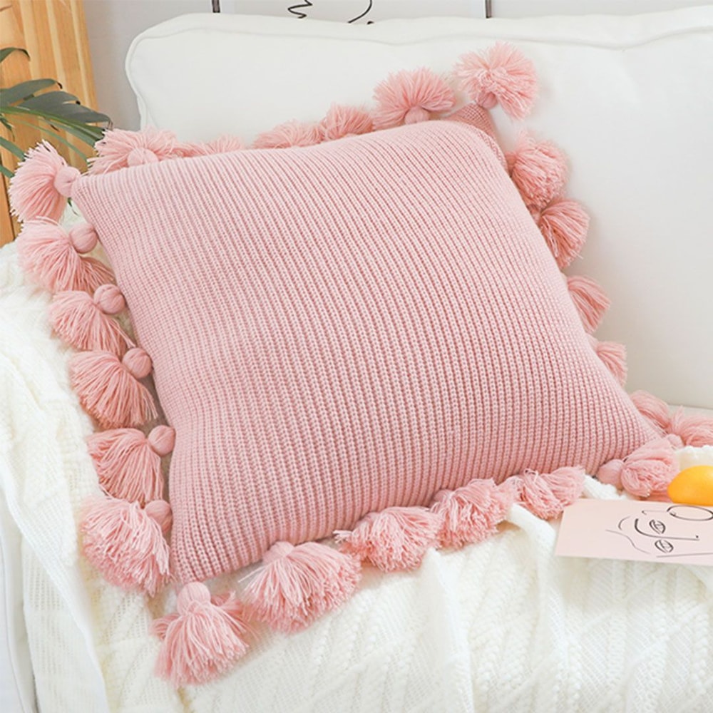 SOGA 2X 45cm Textured Pillowcase With PomPom Trim Soft Pink 2