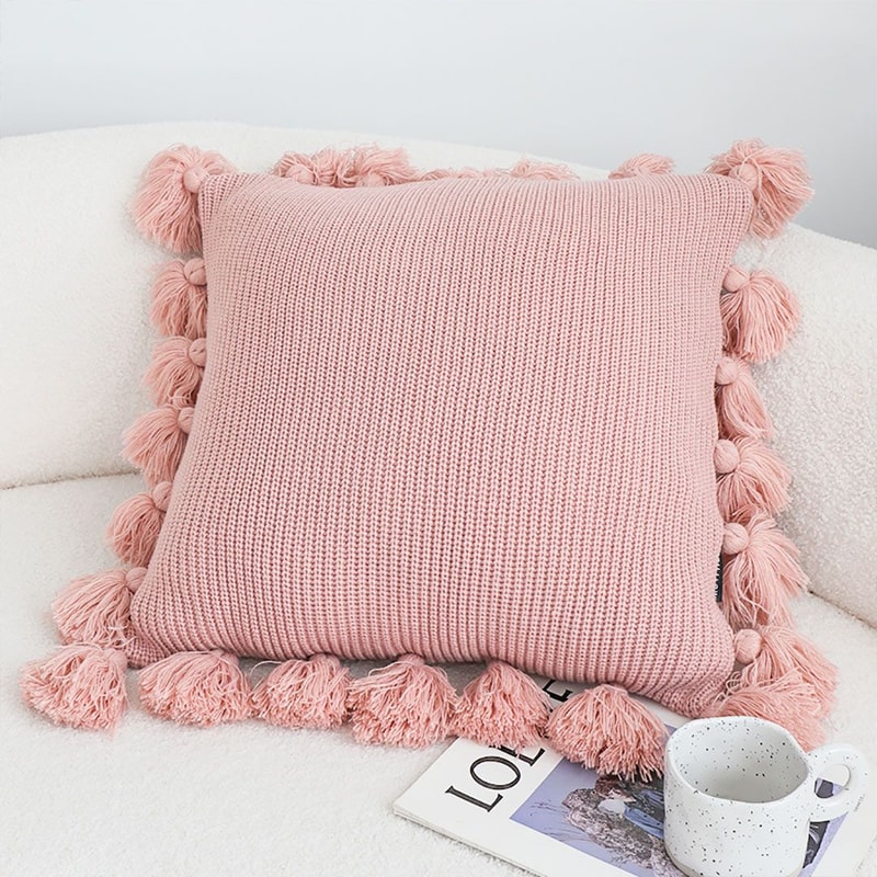SOGA 2X 45cm Textured Pillowcase With PomPom Trim Soft Pink 0