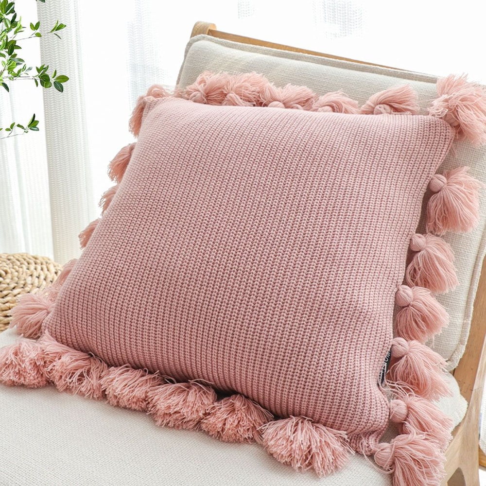 SOGA 2X 45cm Textured Pillowcase With PomPom Trim Soft Pink 3