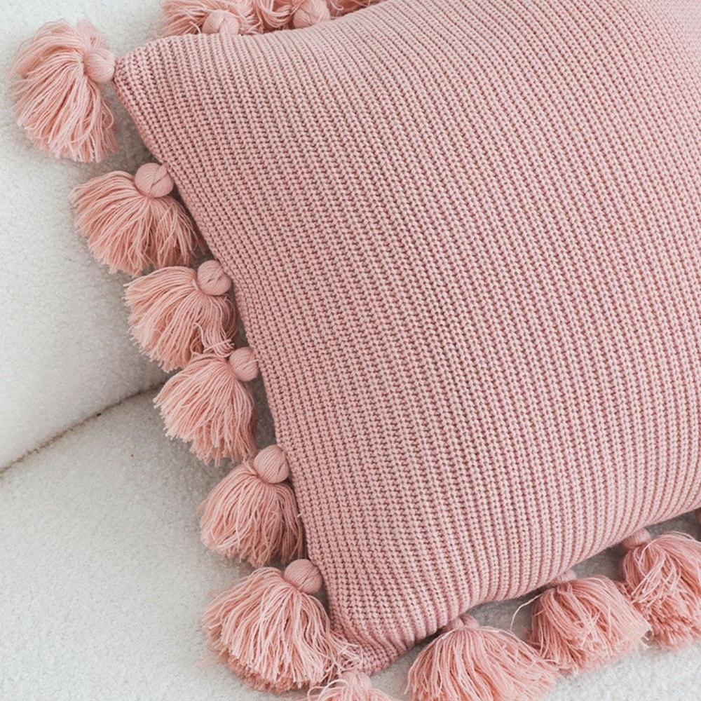 SOGA 2X 45cm Textured Pillowcase With PomPom Trim Soft Pink 5