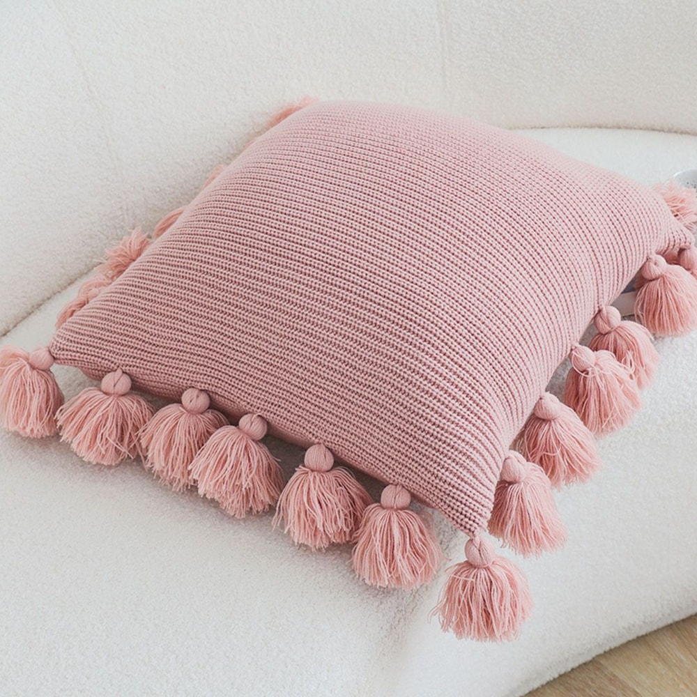 SOGA 2X 45cm Textured Pillowcase With PomPom Trim Soft Pink 6