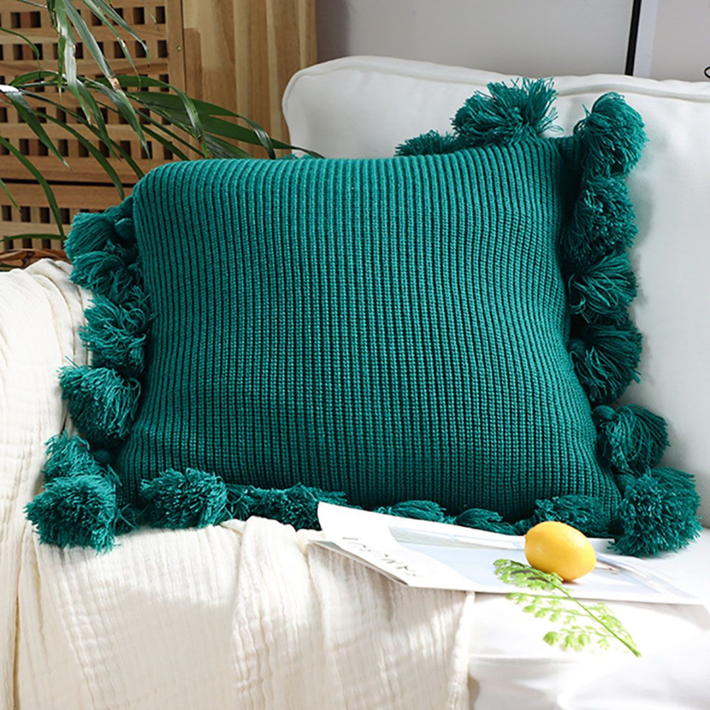 SOGA 2X 45cm Textured Pillowcase With PomPom Trim Emerald Green 0