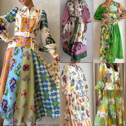 women's holiday beach dress with belt - a-line, long lantern sleeve, lapel, single breasted