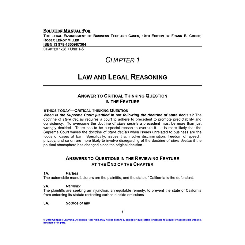 Solution Manual For The Legal Environment Of Business Text And Cases 10th Edition By Frank B Cross Roger LeRoy Miller 0
