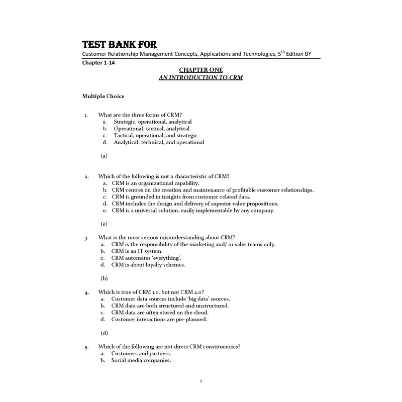 Test Bank For Customer Relationship Management Concepts Applications And Technologies 5th Edition By Chapter 114 0
