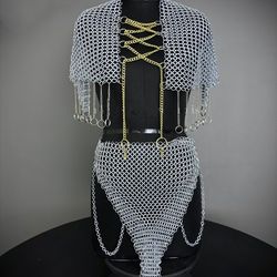 chainmail harness, chainmail chains layers top & skirt, rings costume, wedding cosplay costume, larp , cosplay, sca armo