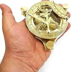 antique brass sundial, solid golden sun compass, rustic vintage showpiece sundial compass