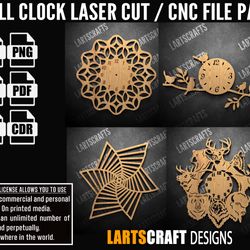 wall clock face set-2 cnc bundle laser cut pack svg vector template for cnc and laser cutting glowforge , cricut