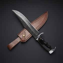 custom handmade damascus steel hunting bowie knife survival knife boot knife & leather sheath