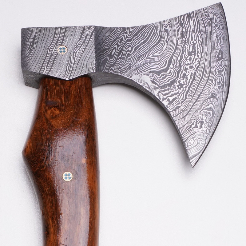 7CUSTOM HANDMADE BEAUTIFUL AXE WITH DAMASCUS STEEL BLADE ROSEWOOD HANDLE LEATER SHEATH 1