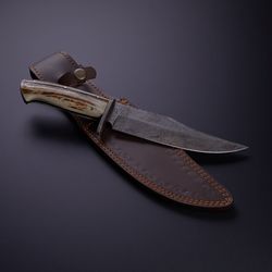 custom handmade beautiful hunter knife with damascus steel blade & leather sheath