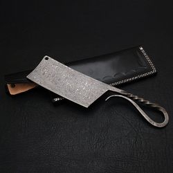custom handmade beautiful cleaver huntig knife with pure cow hide leather sheath!