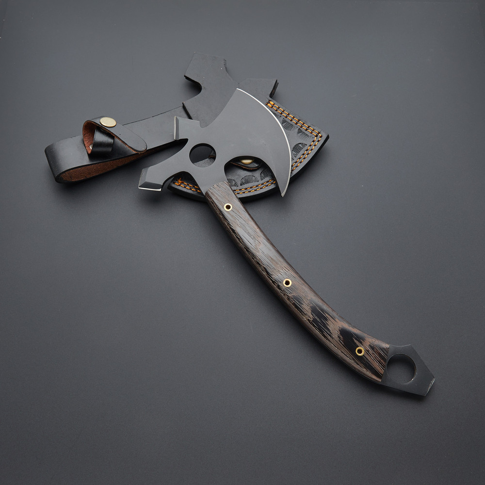 Custom Handmade Unique Black Coated Carbon Steel Axe With Walnut Handle Material 0