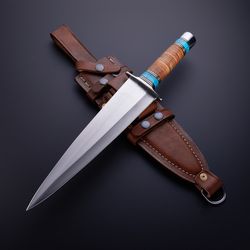 custom handmade d2 tool steel hunting dagger knife & leather sheath / gift for him