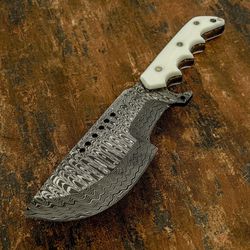 10" long tracker knife, damascus steel blade, bone scale, leather sheath,gift for him/her"