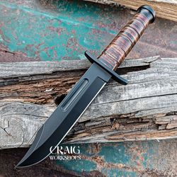 k-bar style custom made d2 tool steel fixed blade hunting camping bowie knife with leather sheath, best men collectible