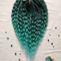 voluminous crochet curly dreadlocks, synthetic curly hair extensions, green ombre dreadlocks, mermaid curly dreads