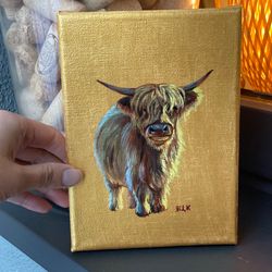 Calf Painting On Canvas, Original Oil Painting, Cute Cow Artwork, Animal Paintings, Highland Cattle Cow Art