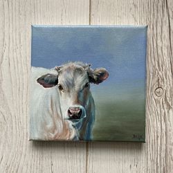 Calf Painting On Canvas, Original Oil Painting, Cute Cow Artwork, Animal Paintings, Highland Cattle Cow Art