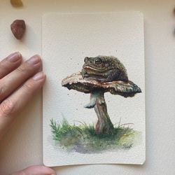Toad Watercolor Painting Original Goblincore Painting, Toad Wall Art, Toad On Mushroom Art, Toad Art