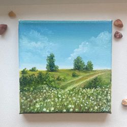 Meadow Landscape Painting Original Oil On Canvas Small Painting On Canvas