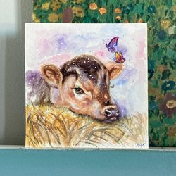 Original Calf Watercolor Painting, Small Watercolor Art, Cottagecore Art, Cow Painting, Fairy Wall Decor, Animals Art