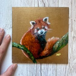 Red Panda Oil Painting Original Bear Art Cottagecore Wall Decor Cute Animal Painting On Canvas
