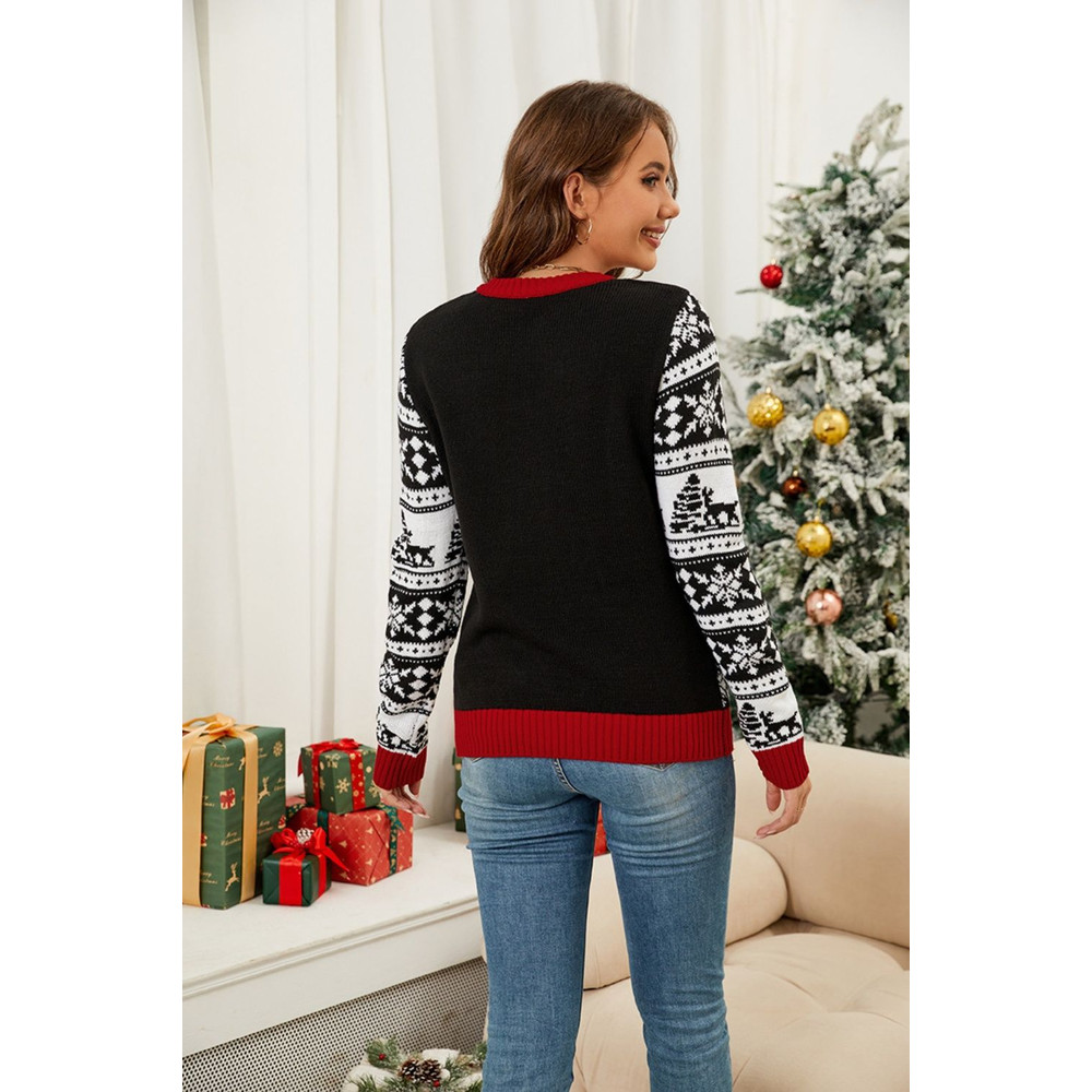Christmas Pattern Round Neck Long Sleeve Sweater  Festive  Cozy Winter Style 1