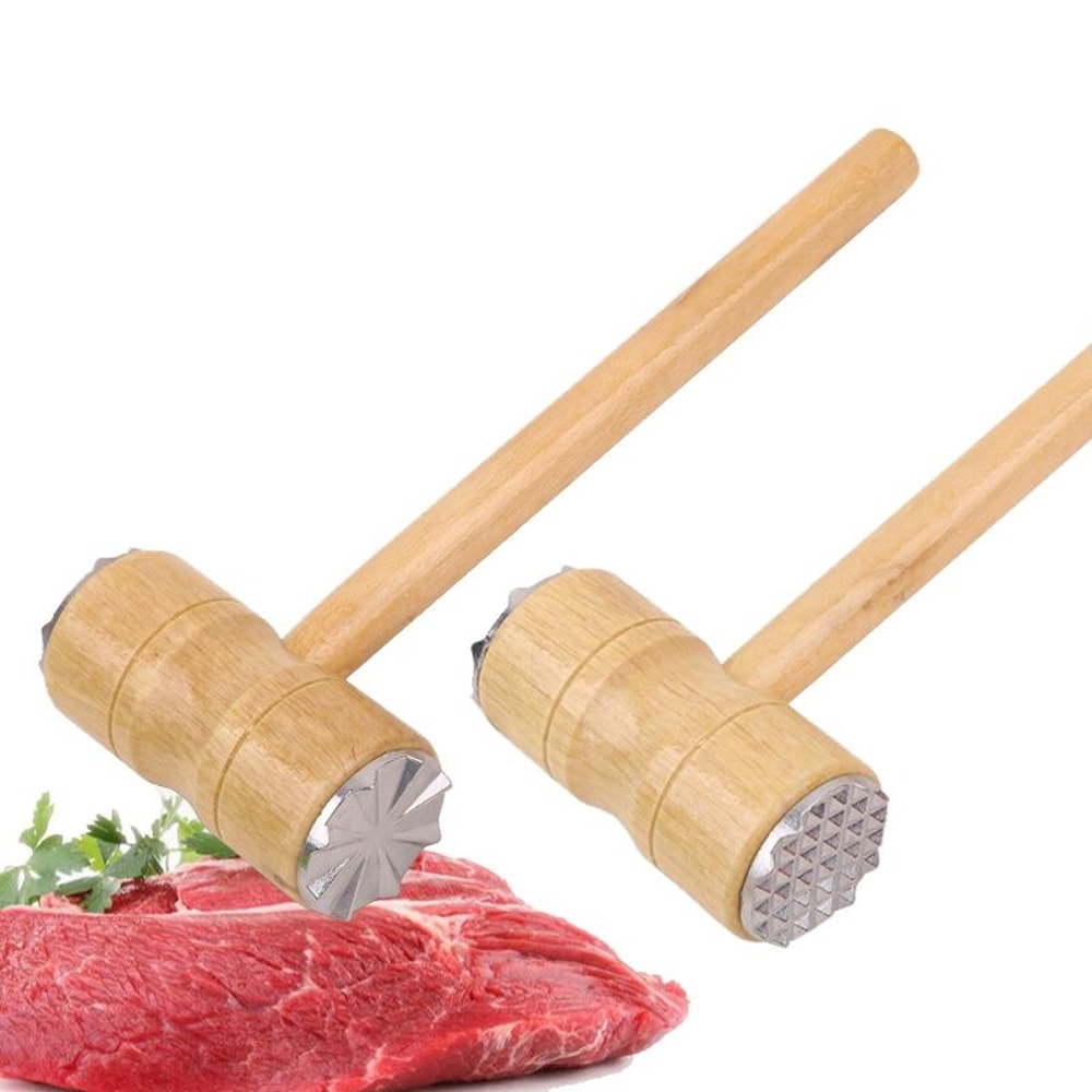 Double Sided Meat Tenderizer Hammer With Wooden Handle 2