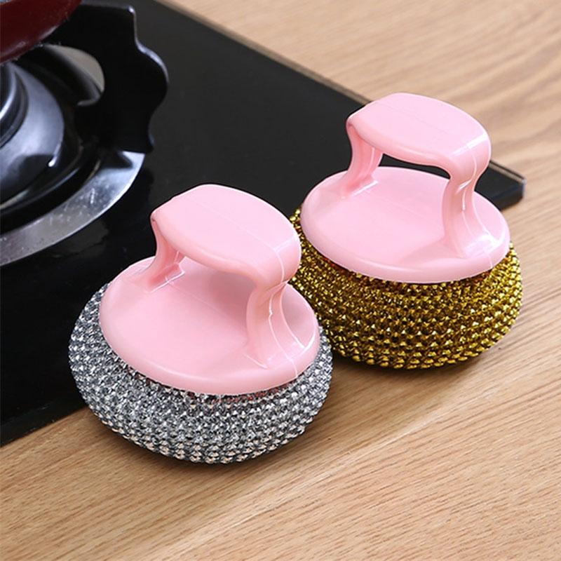 Removable Cleaning Wire Ball Kitchen Pot and Dish Brush with Random Handle Perfect for Effortless Cleaning