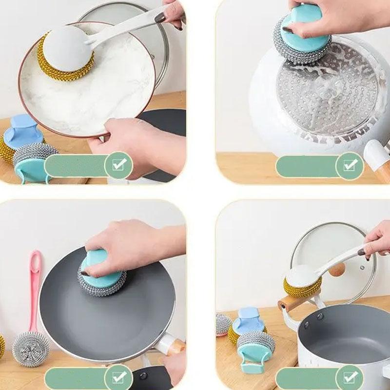 Removable Cleaning Wire Ball Kitchen Pot and Dish Brush with Random Handle Perfect for Effortless Cleaning