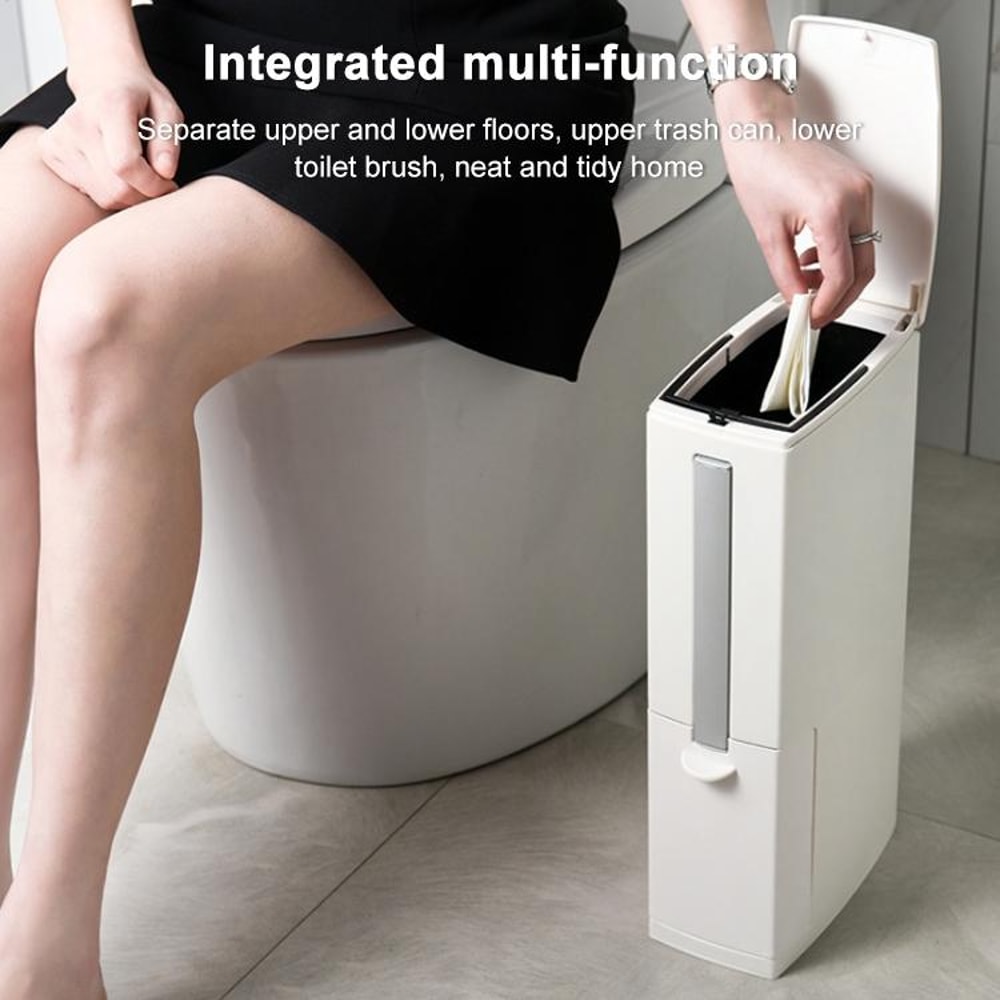 Premium Bathroom Toilet Brush Trash Can Set Square Press Lid Design 4