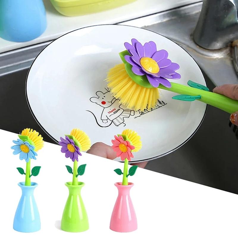 Flower Shaped Long Handle Pot Brush For Kitchen Sink Cleaning 1