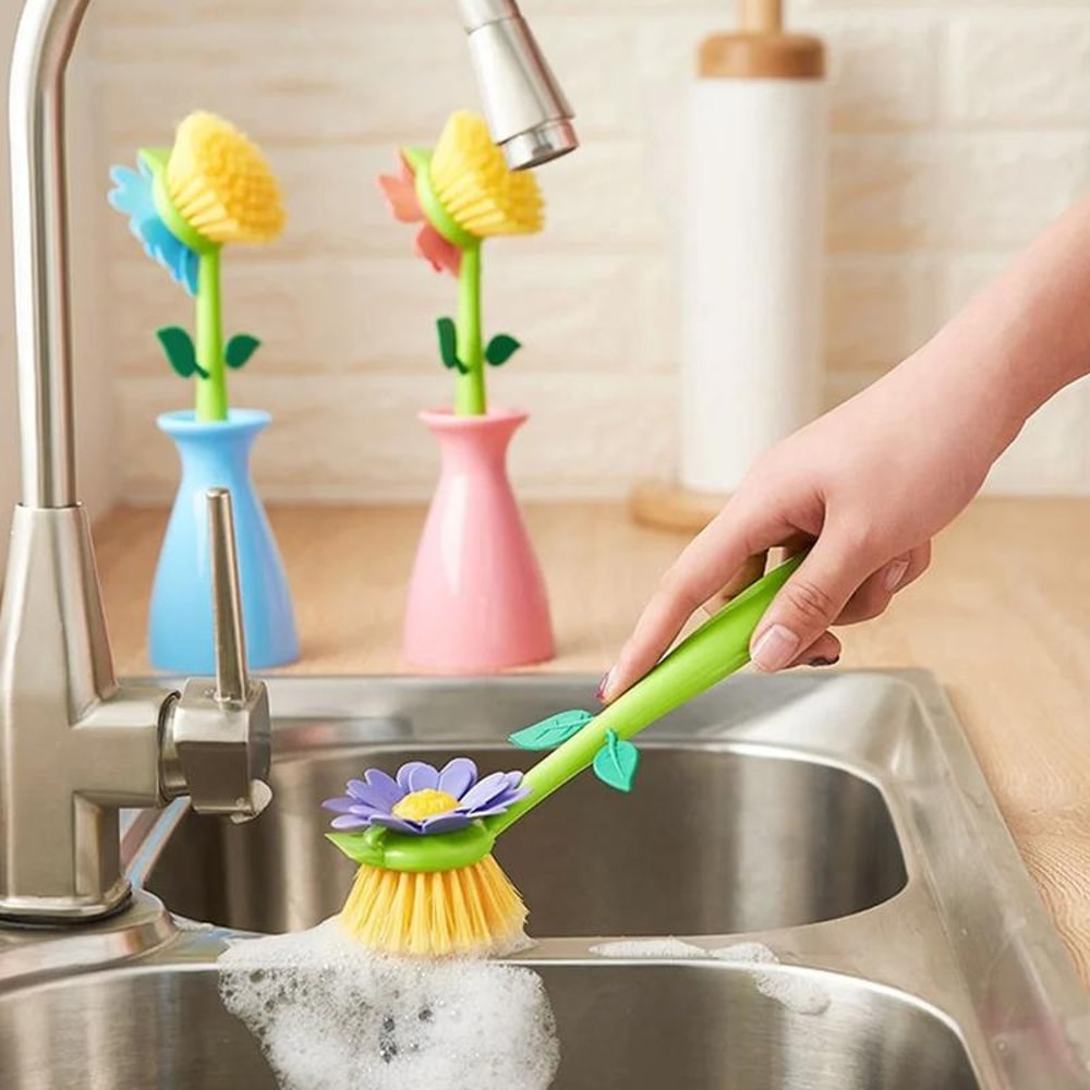 Flower Shaped Long Handle Pot Brush For Kitchen Sink Cleaning 2