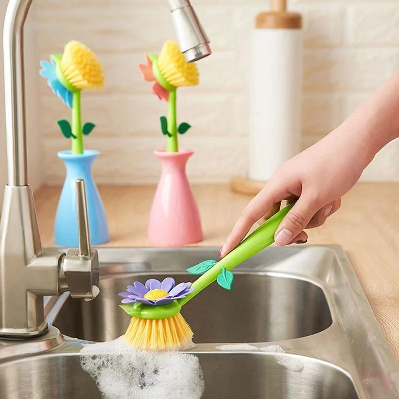 Flower Shaped Long Handle Pot Brush For Kitchen Sink Cleaning 2