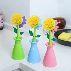 flower shaped long handle pot brush for kitchen & sink cleaning
