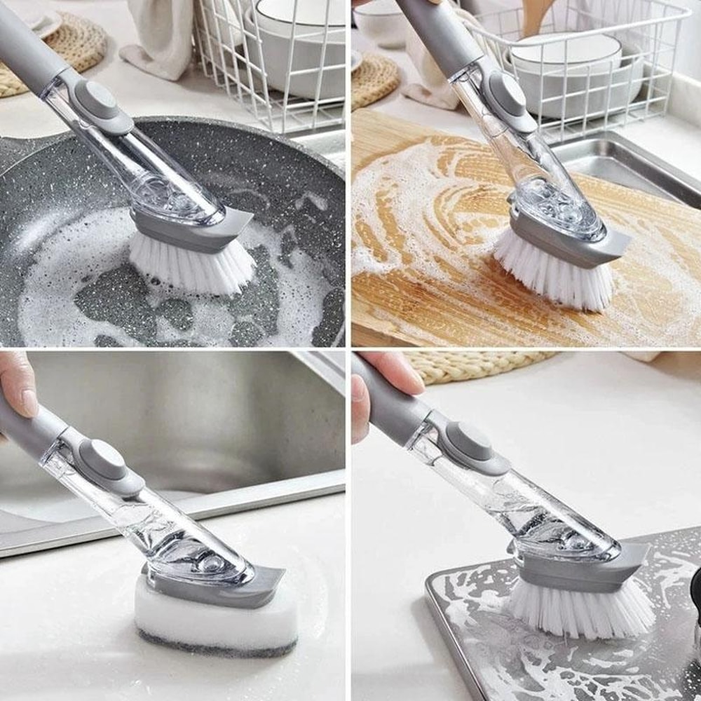 Kitchen Long Handle Automatic Liquid Filling Non Stick Pan Scrubber Cleaning Brush 9