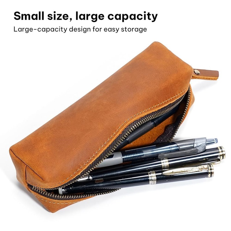 Premium Crazy Horse Leather Pencil Case Zippered Stationery Organizer 2