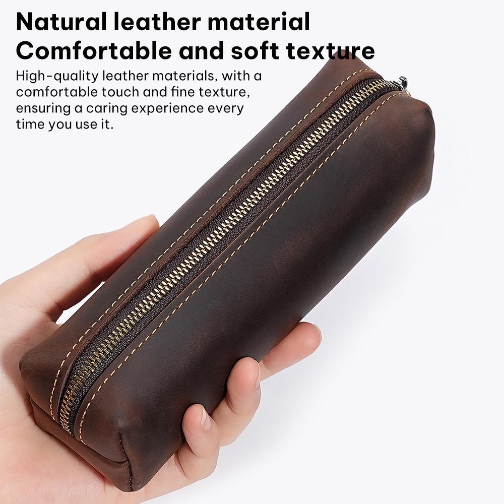 Premium Crazy Horse Leather Pencil Case Zippered Stationery Organizer 4