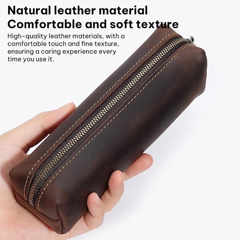 Premium Crazy Horse Leather Pencil Case Zippered Stationery Organizer 4