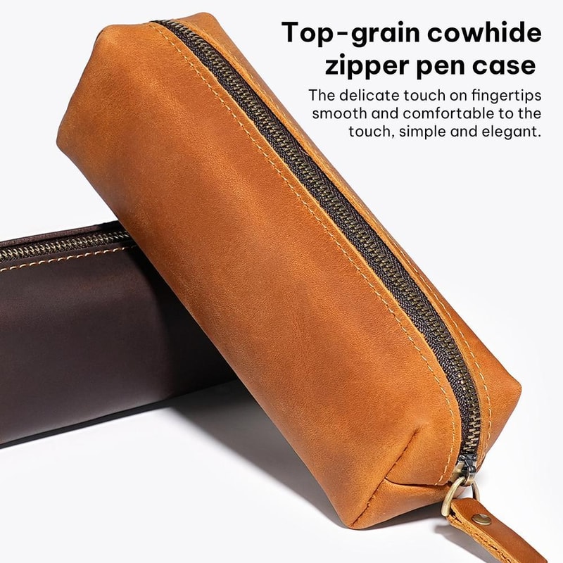 Premium Crazy Horse Leather Pencil Case Zippered Stationery Organizer 5