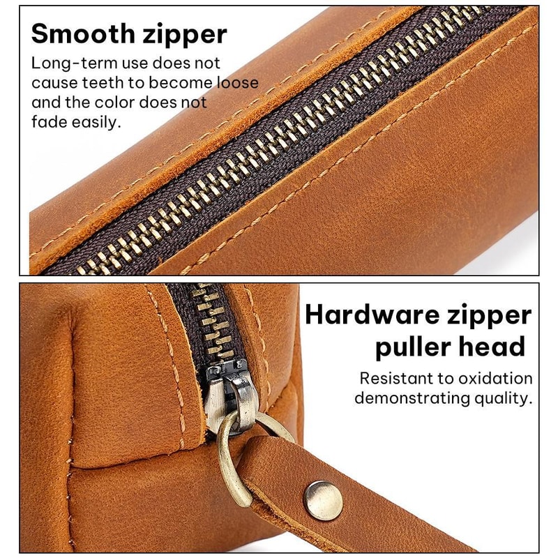 Premium Crazy Horse Leather Pencil Case Zippered Stationery Organizer 6
